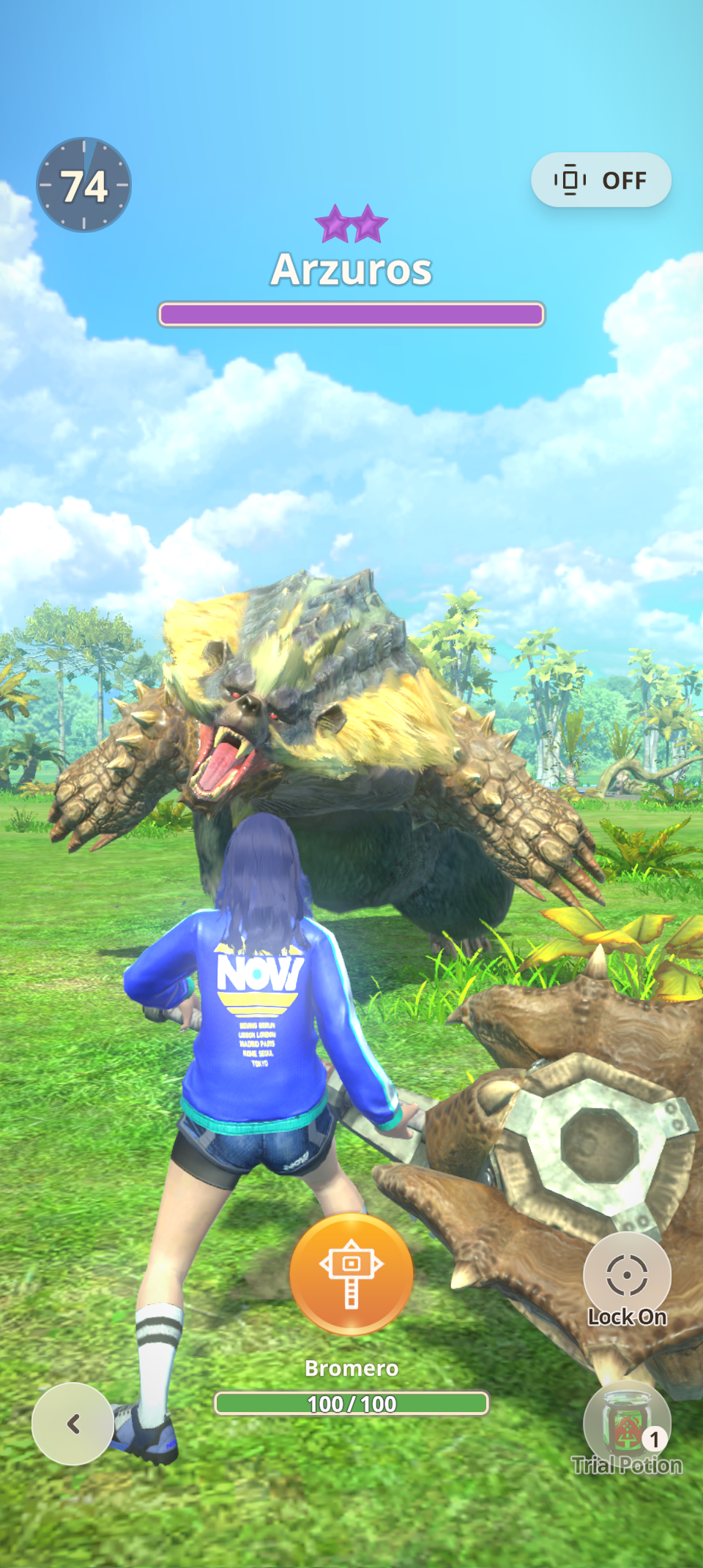 A hunter with a massive hammer stares down an Arzuros, a ferocious bear monster