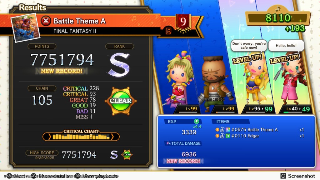 An S-Rank score on Battle Theme A from Final Fantasy II. Celes and Aerith are jumping up and down from leveling up. Terra and Barret stand victorious.