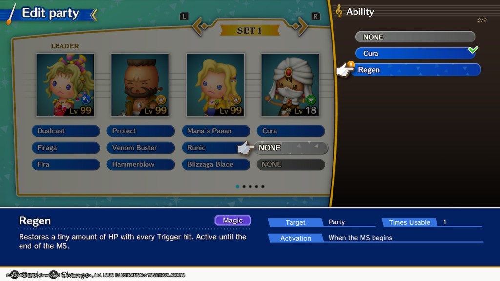 A menu screen showing the party of Terra, Barret, Celes and Minwu. The player is selecting a new healing spell for Minwu, Regen.