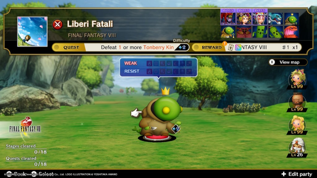 The Story mode selection screen. The player prepares to play Liberi Fatali from FFVIII. The featured enemy is a Tonberry King.