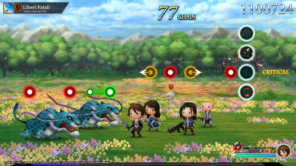 The cast of FF8 plays through Liberi Fatali. Multiple note triggers are approaching the screen.
